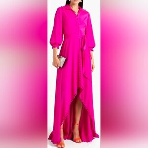 Badgley Mischka Picot Trimmed Crepe Maxi Dress In Magenta.
